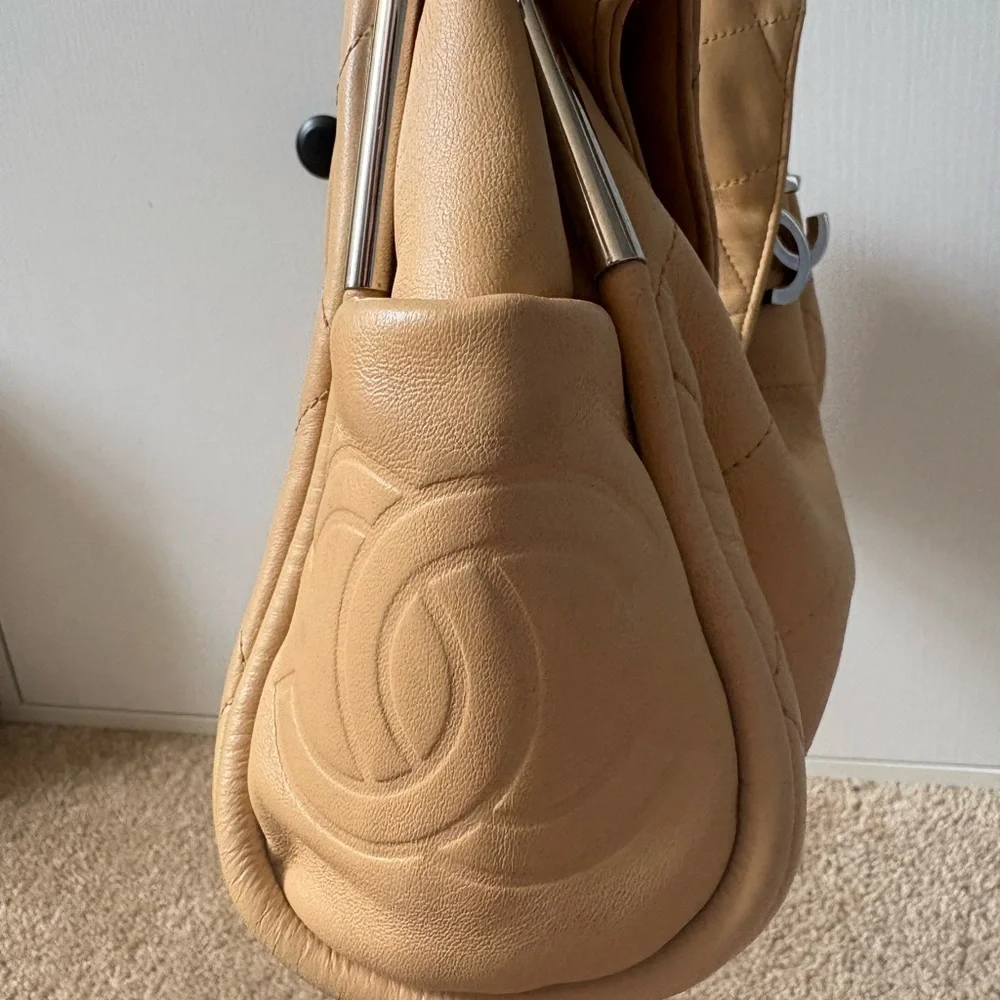 Authentic CHANEL Beige Quilted lambskin Shoulder Bag with Silver-Tone Hardware